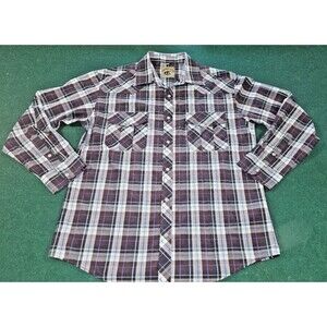 Coevals Club L maroon Plaid Western Shirt Pearl Snap Long Sleeve Cowboy blue